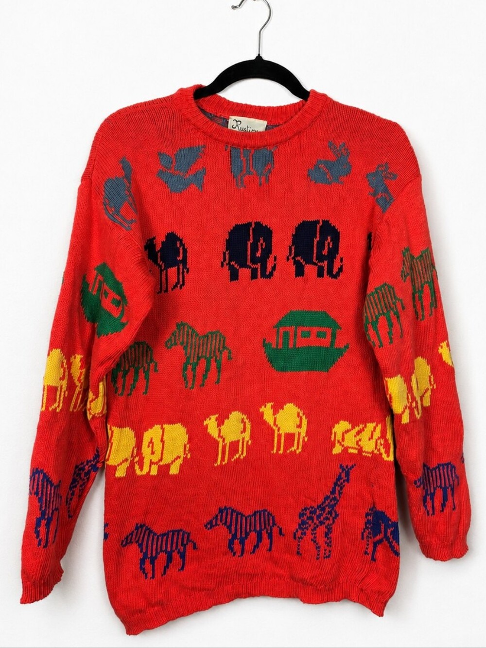 Vintage Rustique Noah’s Ark Animal Intarsia Sweater 80s 90s Whimsical